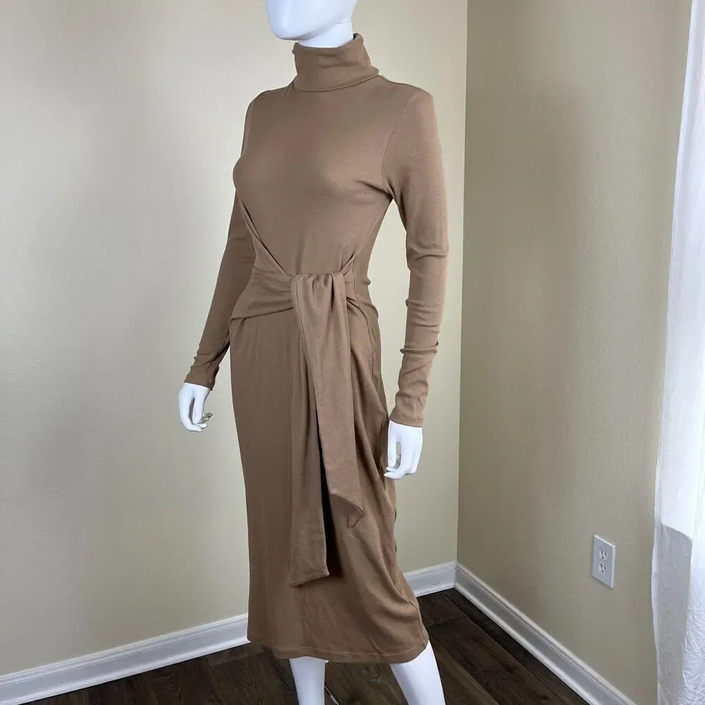 Ralph Lauren Womens Size M Camel Tie Front Turtleneck Sweater Bodycon Midi Dress